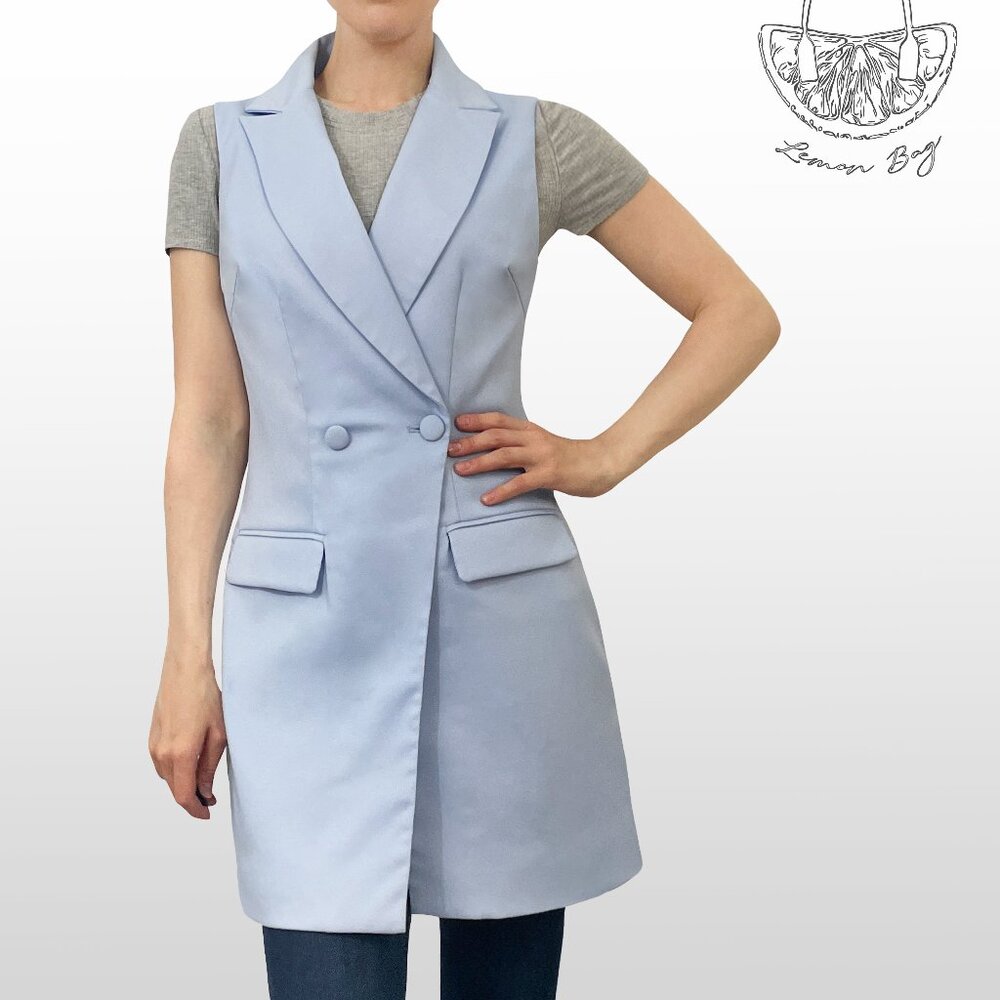 Missguided / Double Breasted Longline Tailored Vest Sleeveless Blazer /Blue / S
